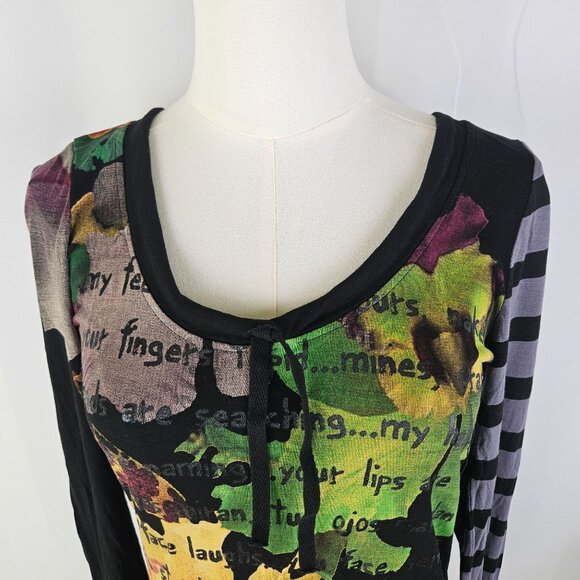 Desigual Damen Black Floral Stripe Tunic Top Sz Medium Asymmetric Hem - Picture 4 of 16